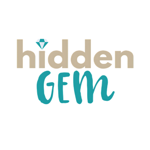 Hidden Gem logo showing the words ‘hidden gem’ in beige and teal text with a small diamond icon above the letter ‘i’, set on a white background